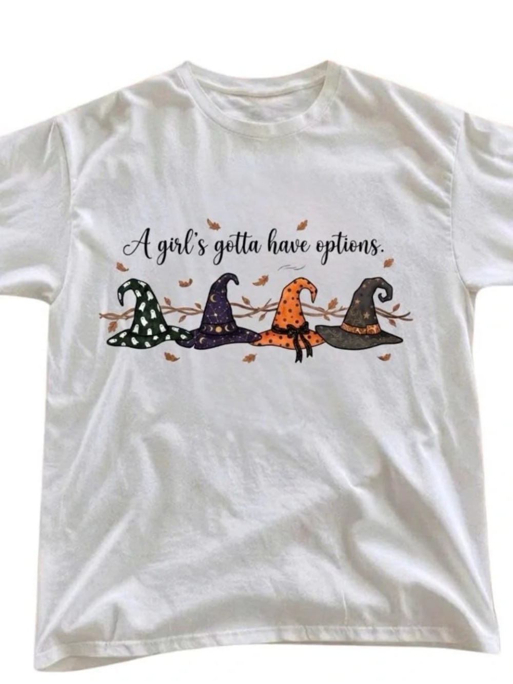 White Tee with Green, Purple, Orange, and Brown Witch Hats